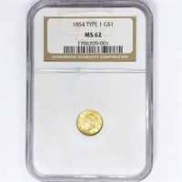 1854 Rare Gold Dollar NGC MS62