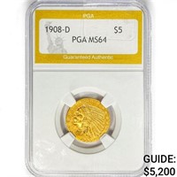 1908-D $5 Gold Half Eagle PGA MS64