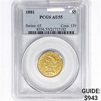 1881 $5 Gold Half Eagle PCGS AU55