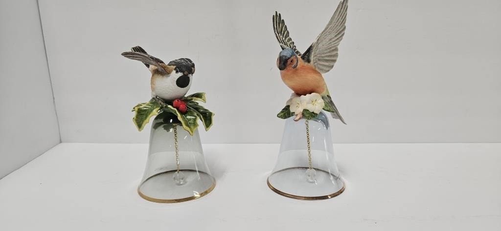 Two crystal bells with ceramic birds