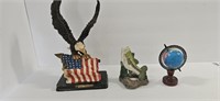 Eagle, bass and globe figurines