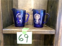 Pair of Cobalt Shirley Temple Pitchers