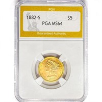 1882-S $5 Gold Half Eagle PGA MS64