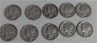 10 Mercury Dimes .9 Silver- (2) 1935, 1937, 1941