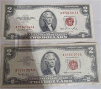 1953 & 1963 $2 Dollar Red Seal Notes  Fine