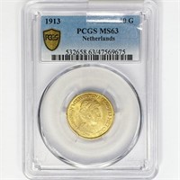 1913 Netherlands 10 Gulden .1947oz. Gold PCGS