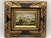 Small Original Oil Painting Sea Battle T. Robbin