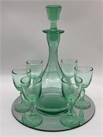 Light Green Glass Decanter & 6 Stem Cordials, on