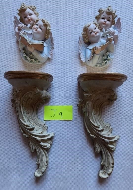 K - PAIR OF WALL SCONCE SHELVES & FIGURINES (J9)