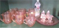 Pink depression mugs, s&p, plates, candle holders