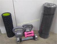 30 & 3lb weights, exercise pad, shaker bar, back
