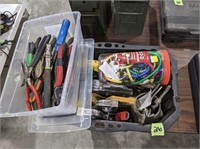 TUB OF MISC HAND TOOLS, BUNGEE CORDS, STASPLERS,
