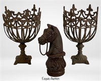 Pair of Cast Iron Pedestal Urn Planters & Horse Ht