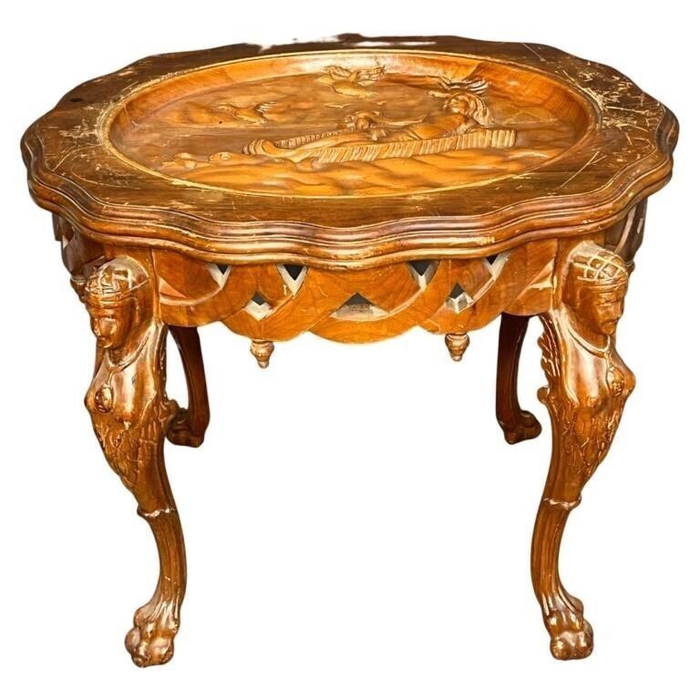 Antique Walnut Carved Side Table with Nude Scene