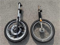 Two Vintage Motorcycle Front End Forks with Tires