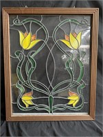 Hanging stained leaded glass panel, signed