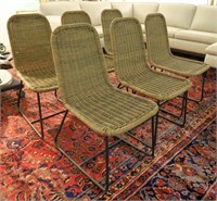 Six Art Modern Wrought Iron & Wicker woven chairs