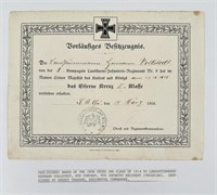 WWI WW1 German Iron Cross Award Certificate