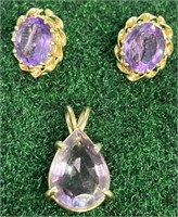 10K Purple stone earrings and pendant