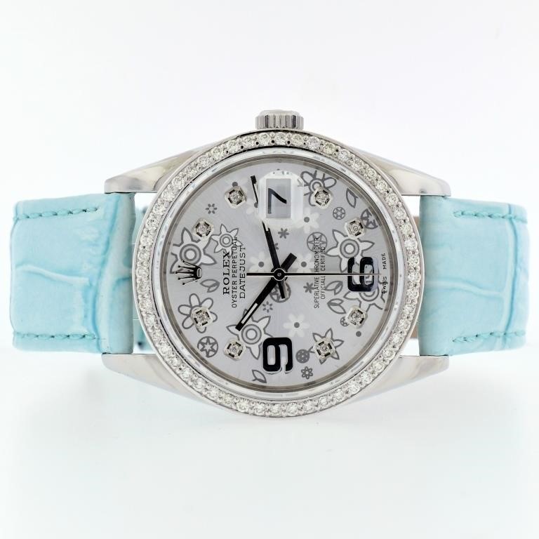 Rolex DateJust Diamond Floral Blue 36MM Wristwatch