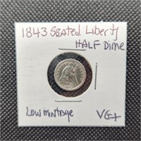 1843 SEATED LIBERTY SILVER HALF DIME VG+