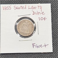 1855 SEATED LIBERTY SILVER DIME F+