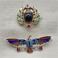 EGYPTIAN REVIVAL SCARAB & VULTURE PINS (2)