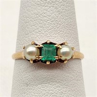 14K GOLD RING EMERALD & PEARLS
