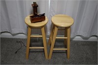 LOT OF 2 WOOD BAR STOOLS WITH HAND PUMP TROUGH