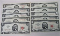 LOT OF 10 $2 RED SEAL U.S. NOTES