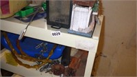 2-Plastic shelf units w/contents/rubbermade cooler