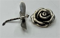 Sterling Rose and Dragonfly Brooches - 0.88oz
