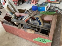 box of old hand tools, squares etc.