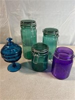 Kitchen jars, blue colored compote and purple