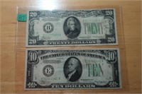 1934A $10 + $20 FRN LG GREEN SEAL