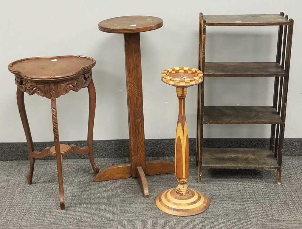 Oak fern stand, inlaid stand, small oak bookshelf