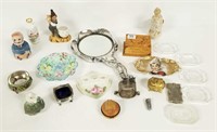 Group small porcelain items, figural hand mirror,