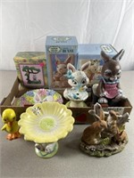Easter decorations including ceramic bunnies,