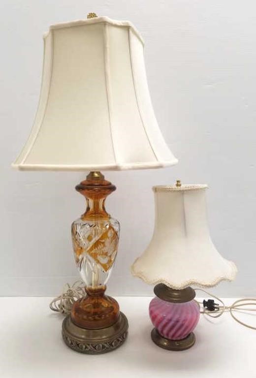 2 vintage lamps - cut overlay & cranberry swirl