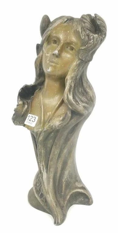 Antique Art Nouveau spelter bust of lady signed