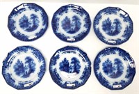 6 Flow Blue luncheon plates marked Coburg