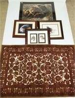 4 pcs. framed wildlife art w/ 2 1/2"x 4' rug