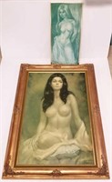 2 vintage nude prints on canvas & ornate mirror
