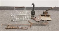 Group of antique, etc. metal items, door stop,