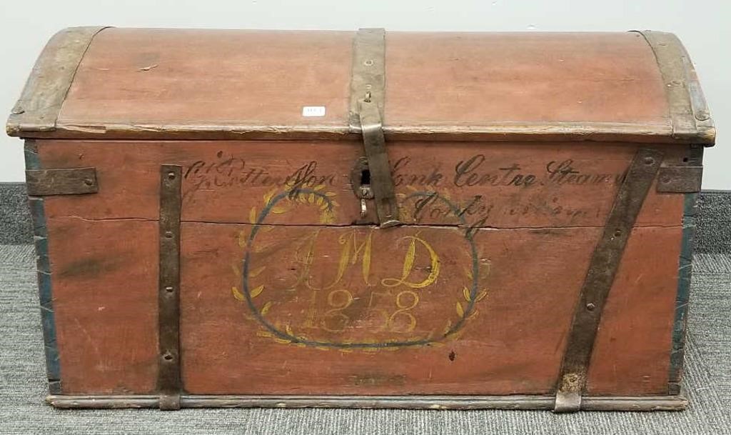 Dome top dated 1858 immigrant trunk with hand