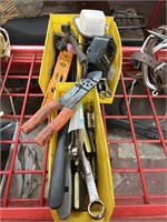 Three bins of tools, wire, strippers, wrenches,