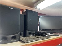 HP monitor, keyboard, three Sony speaker