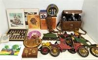 Group of collectibles including metal wall decor,