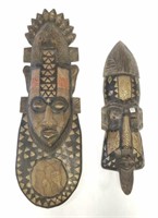 2 wooden tribal masks with brass & copper