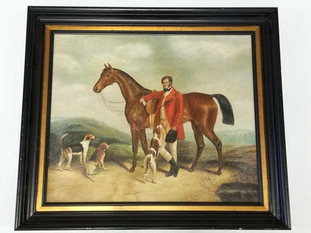 Framed oil painting on canvas - equestrian scene